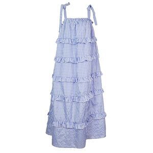 English Factory‎ Dress M Blue White Gingham Tiered Ruffle Tie Shoulder Maxi